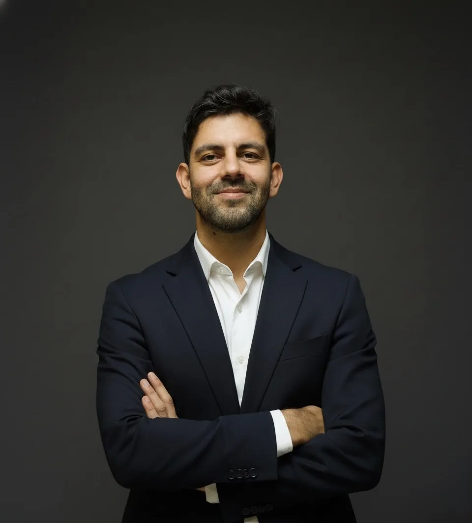 Sully in a dark suit, arms folded